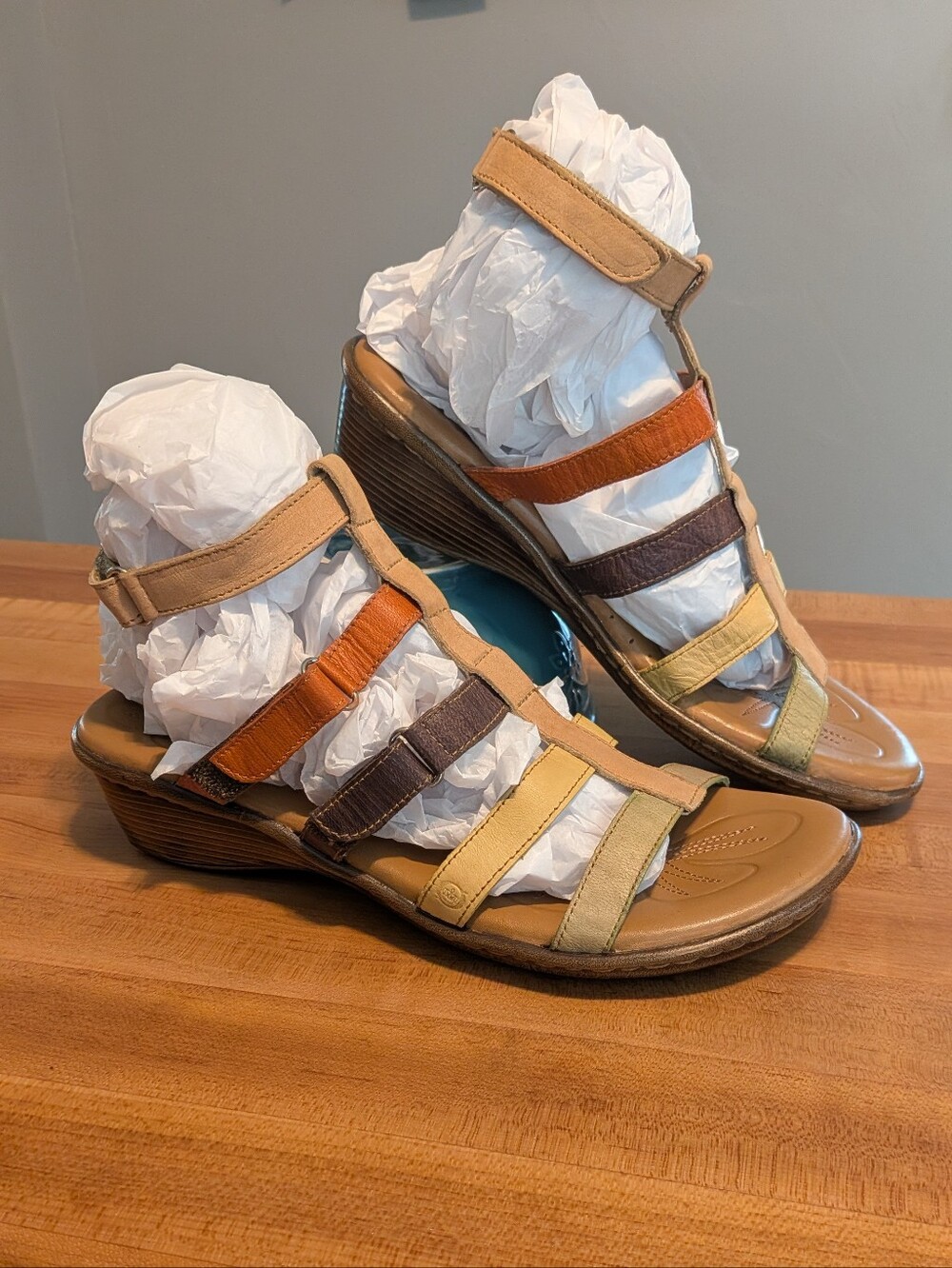 ​New Born Multi-Color Leather Gladiator Wedge Sandals - Size 8